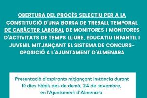 L'Ajuntament d'Almenara convoca la constitució d'una borsa d'ocupació temporal per a monitors i monitores d'activitats de temps lliure infantils i juvenils