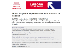 La cuarta sesión de las jornadas formativas sobre los ‘Proyectos experimentales en la provincia de Valencia’ tendrá lugar este jueves
