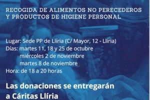 El PP de Llíria impulsa una campanya solidària d'arreplega d'aliments no peribles i de productes d'higiene