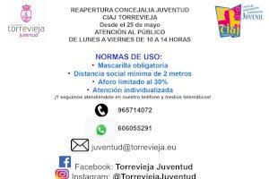 La Concejalía de juventud vuelve a abrir el CIAJ para la atención presencial de los jóvenes de Torrevieja el lunes, 25 de mayo