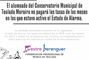 L'alumnat del Conservatori Municipal de Teulada Moraira no pagarà les taxes dels mesos en què va estar actiu l'Estat d'Alarma