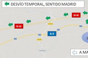 Desvío de tráfico en la autovía A-3, sentido Madrid, por la carretera N-III para la ejecución de obras de rehabilitación del firme