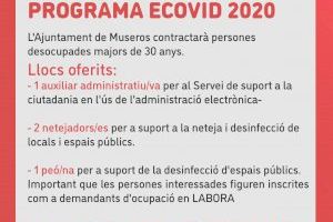 El Ayuntamiento de Museros contratará a cuatro personas desempleadas con los fondos del programa ECOVID de la Generalitat Valenciana