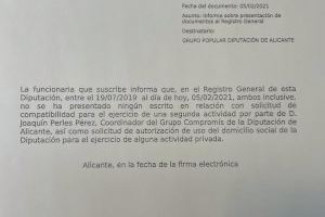 La Diputación de Alicante comunica al Grupo Popular que el asesor de Fullana no ha pedido la compatibilidad para ejercer como abogado ni autorización para ubicar su despacho en el Palacio Provincial