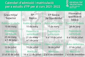 Sagunto publica el calendario de admisión y matrícula en Formación Profesional para el curso 2021-2022