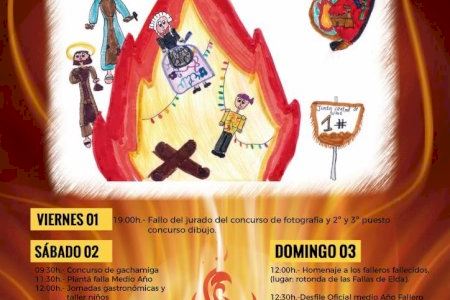 La junta gestora de las Fallas de Elda presenta el cartel anunciador del Medio Año Fallero, obra de una alumna del Colegio Santa María del Carmen