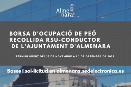 Almenara convoca una bolsa de trabajo por concurso-oposición de peón-conductor para la recogida de RSU