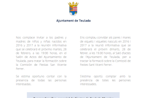 La concejalía de Fiestas de Teulada Moraira convoca una reunión informativa para formar la Comisión Infantil de Fiestas San Vicente Ferrer