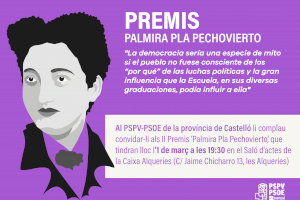 El PSPV-PSOE de la província de Castelló farà entrega dels II 'Premis Palmira Pla Pechovierto' amb motiu de la celebració del 8M