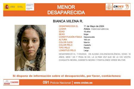 Busquen a una menor de 16 anys desapareguda des de dissabte passat 11 de maig a Aldaia