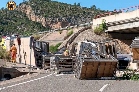 Un camión se estrella en el interior de Valencia y los pollos que transportaba se dan a la fuga tras la brutal colisión