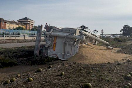 Un camión cargado con 23 toneladas de pienso vuelca en un huerto de Alboraya