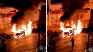 Espectacular incendi d'un cotxe en el centre de la Vall d'Uixó, a escassos metres d'un col·legi