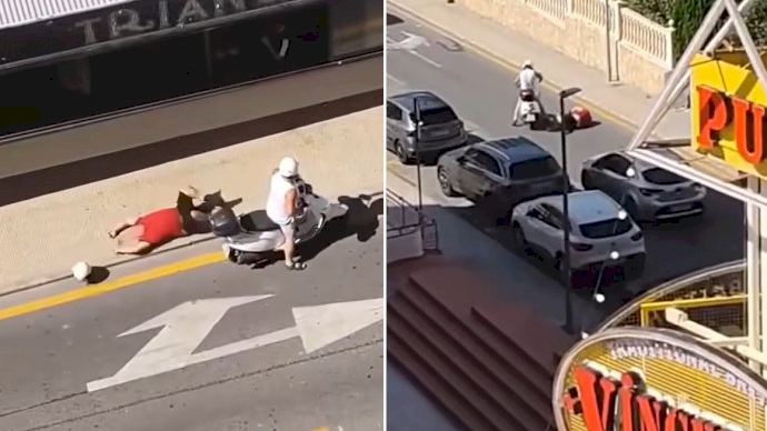 Caídas, cascos volando y un arranque imposible: el vídeo viral de un hombre que se cae una y otra vez de la moto y que revoluciona Benidorm