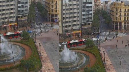 El vent esfondra una vidriera en plena plaça de l'Ajuntament de València i deixa una persona ferida